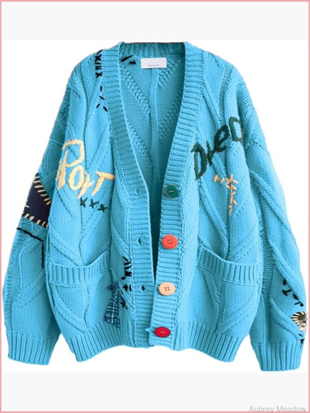 Women's Cable Knit Open Front Cardigan V-Neck Button Down Embroidered Sweater - Picture 1 of 7